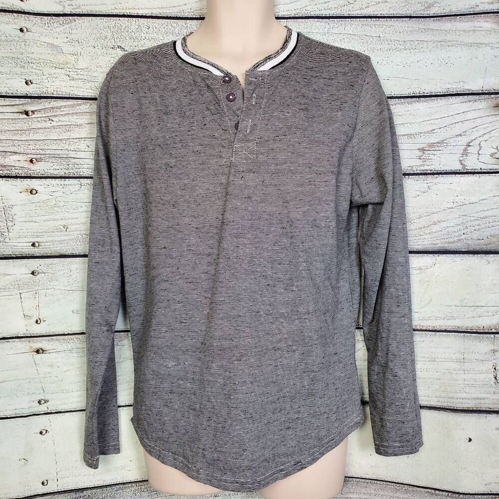 Alpha Beta Men’s L Gray Long Sleeve Henley Casual Striped Shirt